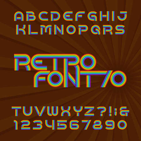 Retro stripe alphabet font. Funky type letters and numbers in 70's style. Vector typeface for your headers or any typography design.のイラスト素材