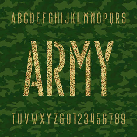Army stencil alphabet font. Type letters and numbers on a green camo seamless background. Stock vector typeface for your headers and any typography design.のイラスト素材