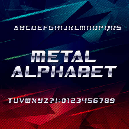 Futuristic chrome alphabet font. Metallic effect oblique letters and numbers on an abstract background. Stock vector typeface for your design.のイラスト素材