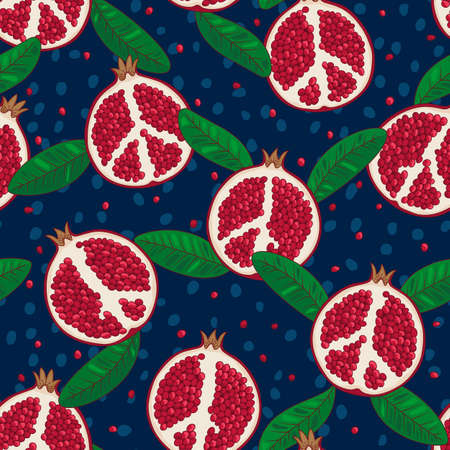 Pomegranate seamless background with leaves. Hand drawn endless pattern.のイラスト素材