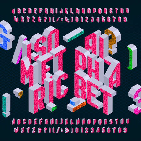 Isometric alphabet font. Bright type letters, numbers and symbols. Stock vector typeset for your headers or any typography design.のイラスト素材