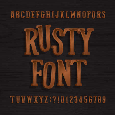 Hand drawn rusty vintage typeface. Retro alphabet font. Type letters and numbers on a rough wooden background. Stock vector typeset for your headers or any typography design.のイラスト素材
