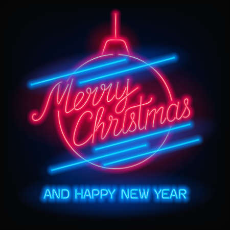 Merry Christmas and Happy New Year text. Vector glowing neon sign. Xmas card.のイラスト素材