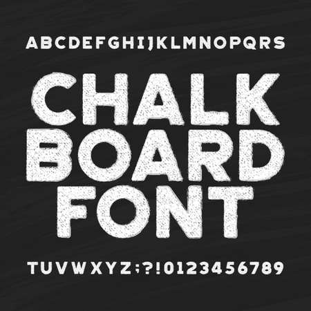 Chalk board alphabet font. Messy type letters and numbers on a dark background. Stock vector typeface for your headers or any typography design.のイラスト素材