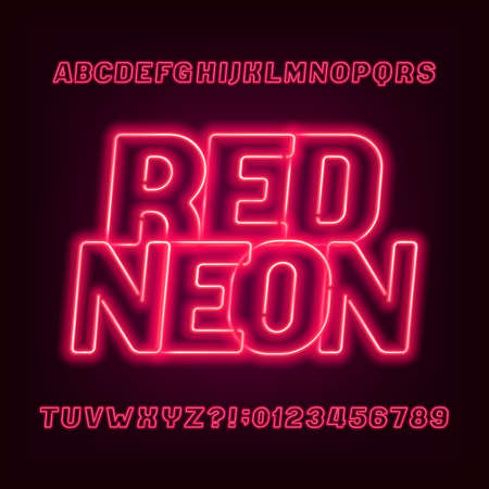 Neon tube alphabet font. Red color oblique letters and numbers. Stock vector typeface for your headers or any typography design.のイラスト素材