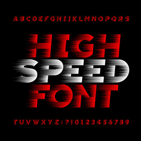 High speed alphabet font. Wind effect type letters and numbers on a black background. Stock vector typeface for your headers or any typography design.のイラスト素材
