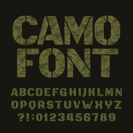 Camo alphabet font. Type letters and numbers on a dark background. Vector typeface for your design.のイラスト素材