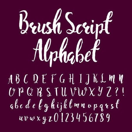Brush script alphabet font. Hand drawn uppercase and lowercase letters and numbers. Stock vector typeset for your headers or any typography design.のイラスト素材