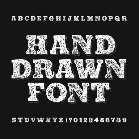 Hand drawn alphabet font. Handwriting letters and numbers on a dark background. Stock vector typeface for your headers or any typography design.のイラスト素材