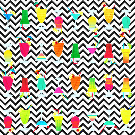 Vector seamless pattern with different colorful cocktails on a geometric background.のイラスト素材