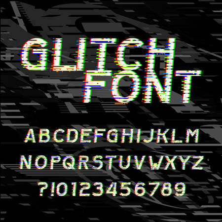 Glitch alphabet font. Type letters and numbers on a glitched background. Vector typeface for your headers or any typography design.のイラスト素材
