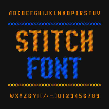 Stitch alphabet font. Embroidery vintage typeface on dark background. Type letters and numbers. Stock vector typeset for your headers or any typography design.のイラスト素材