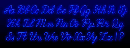 Neon script alphabet font. Neon color uppercase and lowercase letters. Stock vector typeface for any typography design.のイラスト素材