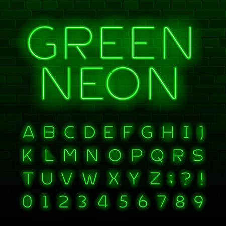 Green neon lamp alphabet font. Neon color shiny letters, numbers and symbols typeface for any typography design.のイラスト素材