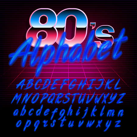 80's retro alphabet font. Glow effect shiny uppercase and lowercase letters. Stock vector typeface for any typography design.のイラスト素材