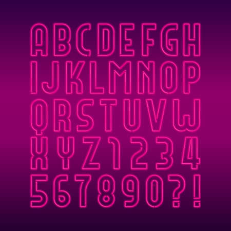 Neon lamp alphabet font. Neon color bright letters, numbers and symbols. Stock vector typeface for any typography design.のイラスト素材