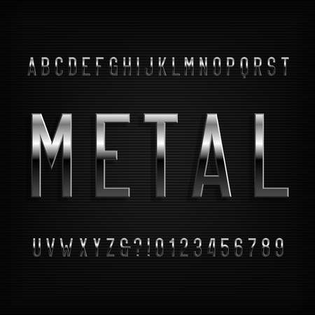 Metal effect alphabet font. Chrome narrow letters and numbers. Stock vector typography for your design.のイラスト素材