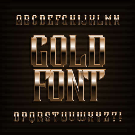Gold alphabet font. Fantasy metal effect letters, numbers and symbols. Stock Vector vintage typeface for your design.のイラスト素材