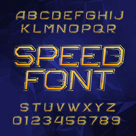 Speed ââalphabet font. Oblique dynamic letters and numbers on a polygonal background.のイラスト素材