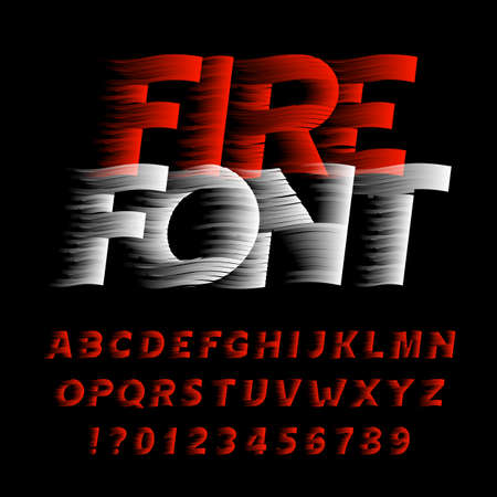 Fire alphabet font. Eeffect type letters and numbers on black background. Stock vector typeface. Easy color change.のイラスト素材