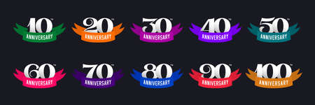 Set of anniversary signs from 10 to 100. Numbers and color ribbons on a dark background. Stock Vector signs design elements.のイラスト素材