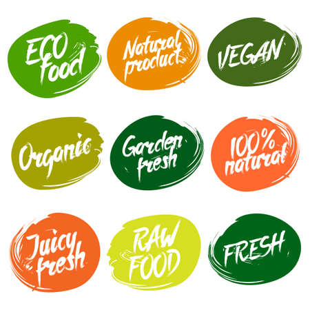 Labels with fresh and natural food designs. Organic and vegan food tags.のイラスト素材