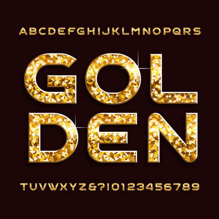 Gold alphabet font. Golden glitter letters and numbers. Stock vector typeface for your design.のイラスト素材