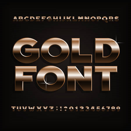 Gold effect alphabet font. Bold metalic letters, numbers and symbols. Stock vector typeface for your design.のイラスト素材