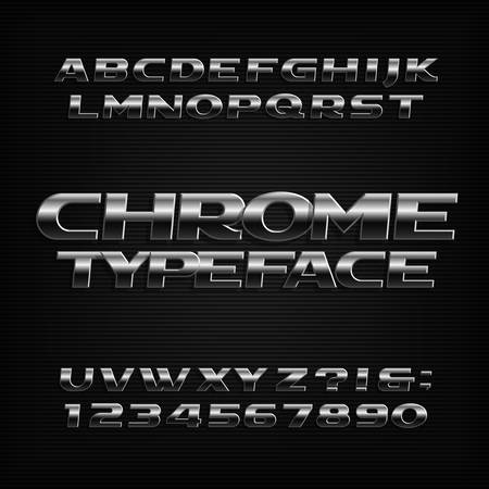 Chrome alphabet font. Metallic effect oblique letters, numbers and symbols. Stock vector typeface for typography design.のイラスト素材