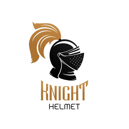 Knight helmet logo template. Vector emblem with text on white background.のイラスト素材