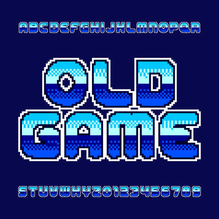 Old game alphabet font. Pixel gradient letters and numbers. Retro 80's arcade game typeface.のイラスト素材
