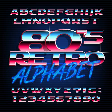 80s retro alphabet font. Metallic effect oblique letters and numbers. Stock vector typography for your design.のイラスト素材