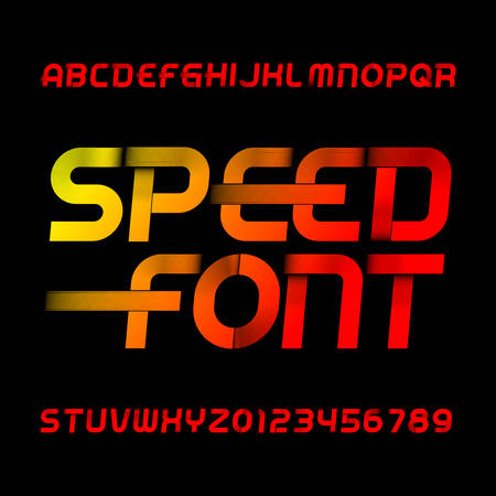 Speed alphabet font. Wind effect type letters and numbers on black background. Stock vector typeset.