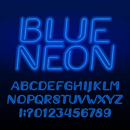 Neon tube alphabet font. Neon color oblique letters and numbers. Retro vector typeface for your design.のイラスト素材