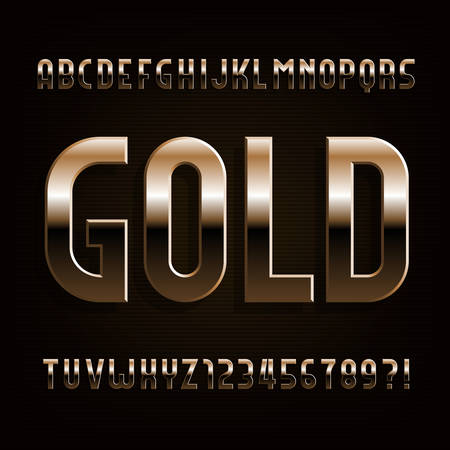 Gold alphabet font. Beveled metallic letters, numbers and symbols. Stock vector typeface for typography design.のイラスト素材