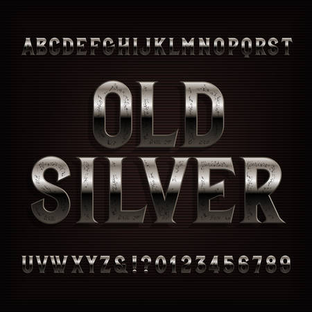 Old silver alphabet font. Vintage distressed metal letters and numbers. Stock vector typeface for typography design.のイラスト素材