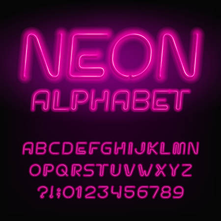 Neon tube alphabet font. Neon color letters and numbers. Retro vector typeface for your design.のイラスト素材