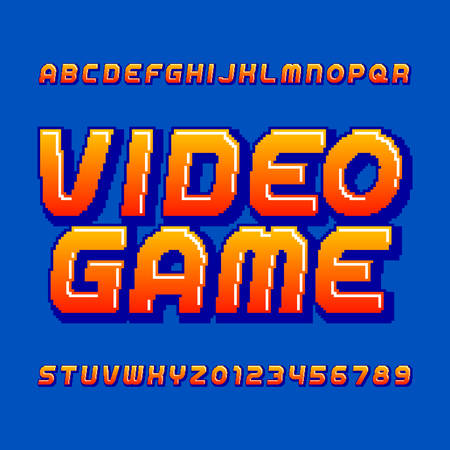 Retro computer game alphabet font. Pixel gradient oblique letters and numbers. 80's arcade video game typography.のイラスト素材