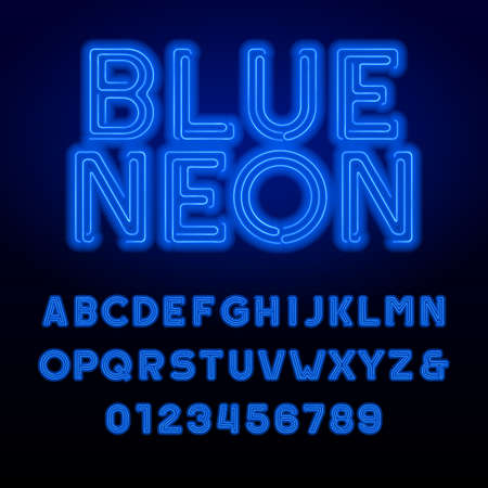 Blue neon tube alphabet font. Neon color bold letters and numbers. Retro vector typeface for your design.のイラスト素材