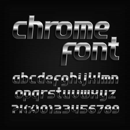 Chrome alphabet font. Metal effect small caps letters and numbers. Stock vector typeface for typography design.のイラスト素材