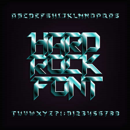 Hard rock alphabet font. Metal effect beveled letters, numbers and symbols. Stock vector typeface for your design.のイラスト素材