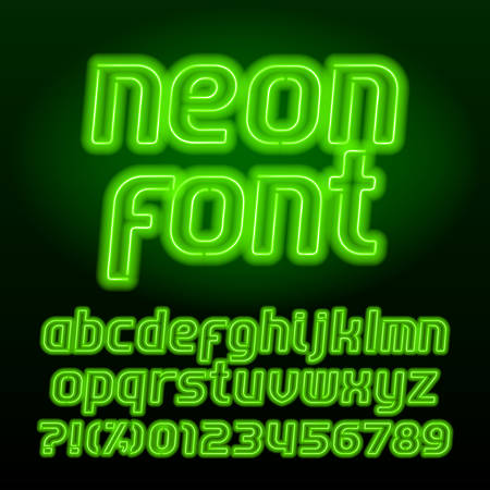 Neon lamp alphabet font. Neon color lowercase letters, numbers and symbols. Stock vector typeface for   any typography design.のイラスト素材