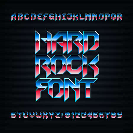 Hard rock alphabet font. Metal effect beveled colorful letters, numbers and symbols. Stock vector typeset for your design.のイラスト素材