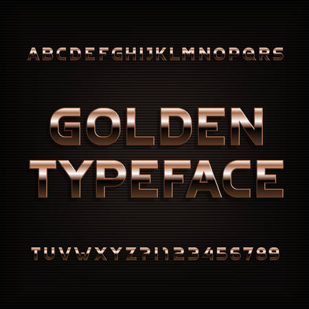Beveled golden alphabet font. Metal color letters, numbers and symbols. Stock vector typography.のイラスト素材