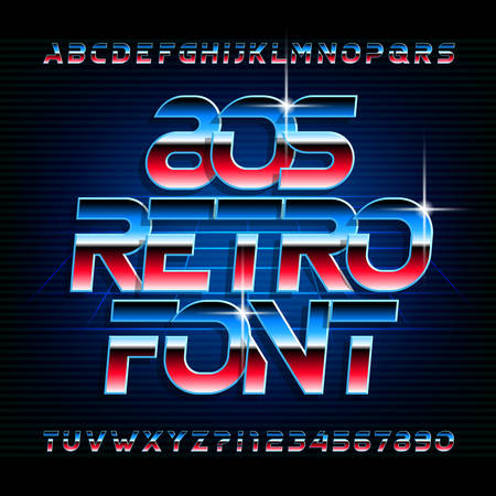 80s retro beveled alphabet font. Metallic effect shiny letters, numbers and symbols. Stock vector typography.のイラスト素材
