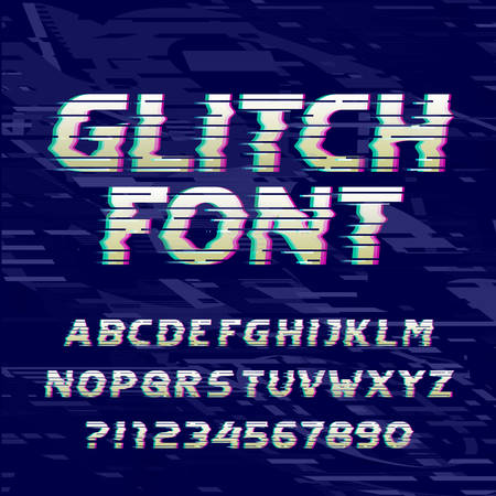 Glitch alphabet font. Damaged type letters and numbers on a glitched background. Vector typeface for typography design.のイラスト素材