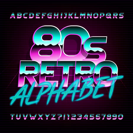 80s retro beveled alphabet font. Metallic effect bright colorful letters, numbers and symbols. Stock vector typeface.のイラスト素材