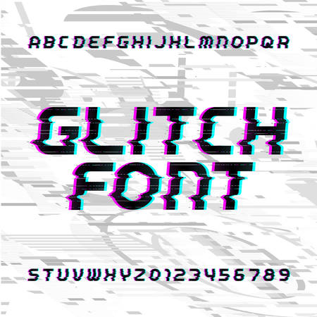 Glitch alphabet font. Distorted type letters and numbers on a bright glitched background. Stock vector typeface.のイラスト素材