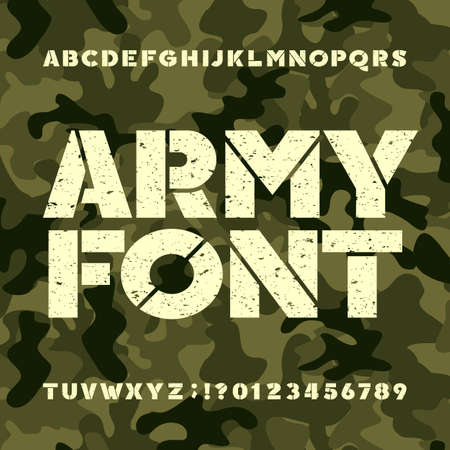 Army stencil alphabet font. Grunge bold letters and numbers on military camo background. Vector typeset for your design.のイラスト素材