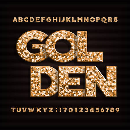 Golden alphabet font. Metal glitter letters, numbers and symbols. Stock vector typeface.のイラスト素材